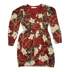 ASTR Dress Size Medium Red Alexis Floral Printed Mini Puff Sleeve Wrap Casual‎